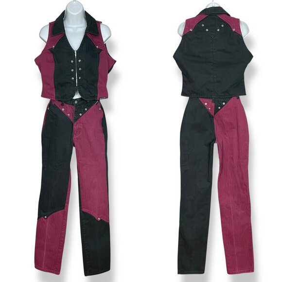 Vintage Western Ethics Jeans Vest Top Pants Country Maroon Black Women Two Tone - Picture 1 of 16